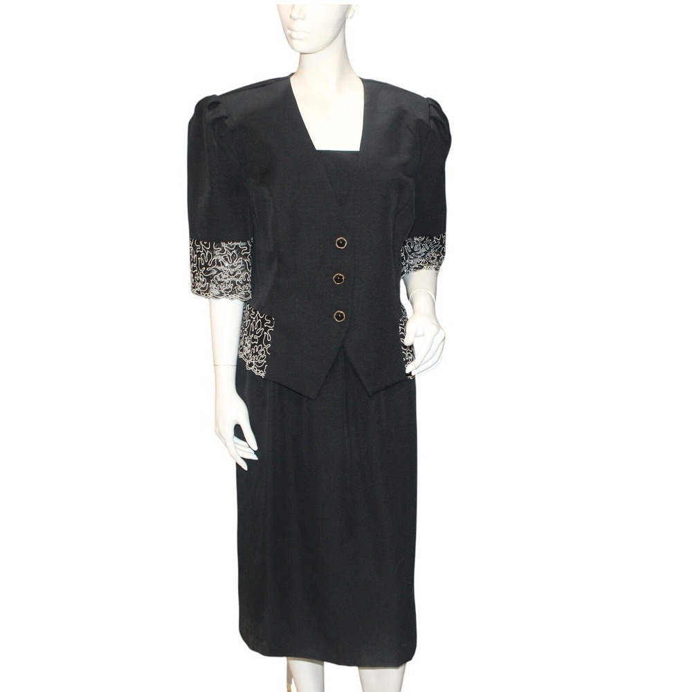 Vintage TF Black Skirt Suit Women Size 16 USA Made 80s 90s Two Piece Set
